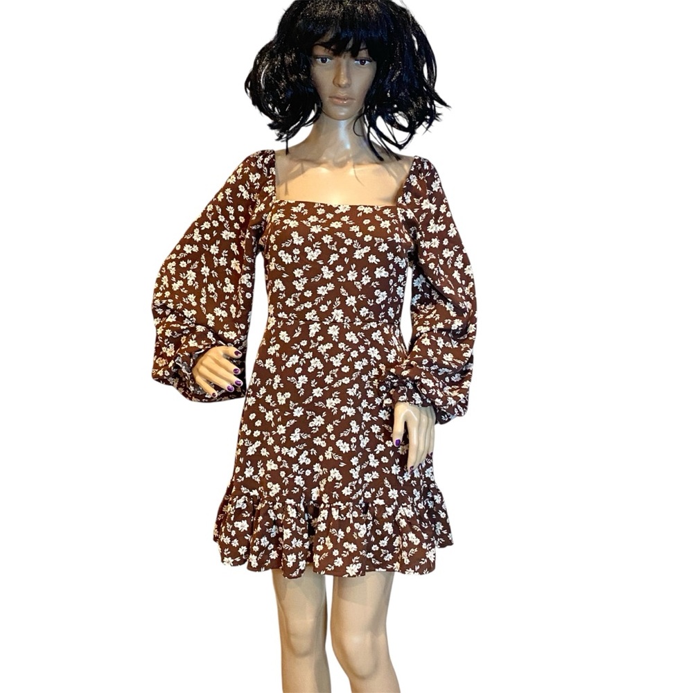 Lulus Coy Charm Brown Floral Print Long Balloon Sleeves Mini Dress Size Small
